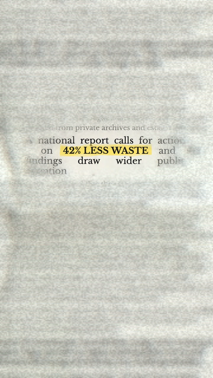 The same 42% LESS WASTE phrase in a newspaper layout with 30px text, distortion 18, and 90 percent roughness