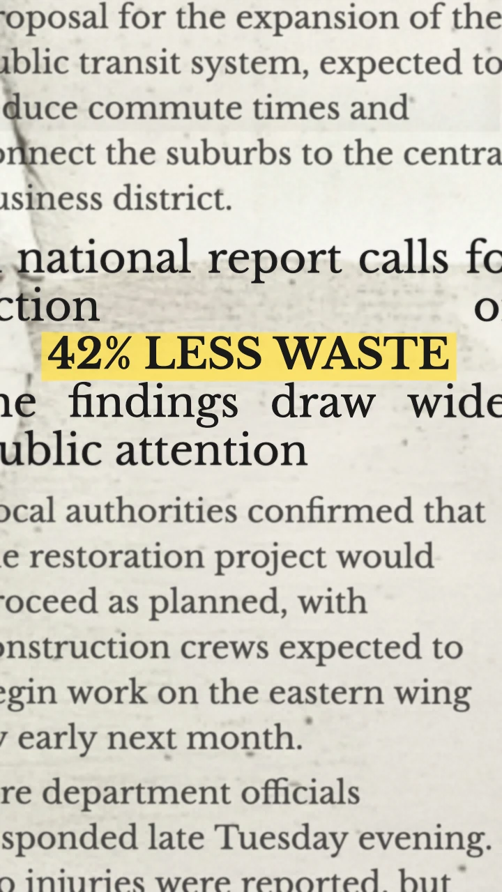 42% LESS WASTE highlighted in a newspaper layout with 60px text, distortion 2, and 15 percent roughness