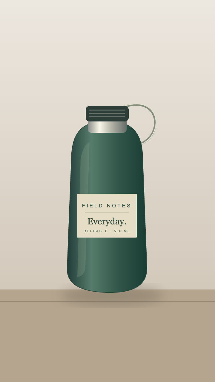 Original illustration of a green FIELD NOTES bottle with a thin carry loop